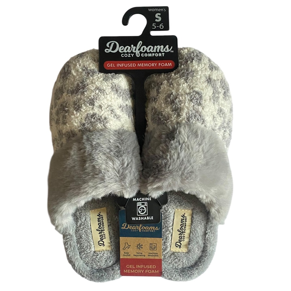 Dearfoams Womens Cozy Scuff Slippers Grey Leopard Gel Memory Foam Small 5-6 NEW